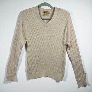 Bobby Chan Men's V Neck Cable Knit Sweater Silk Cotton Blend Ivory Small Preppy